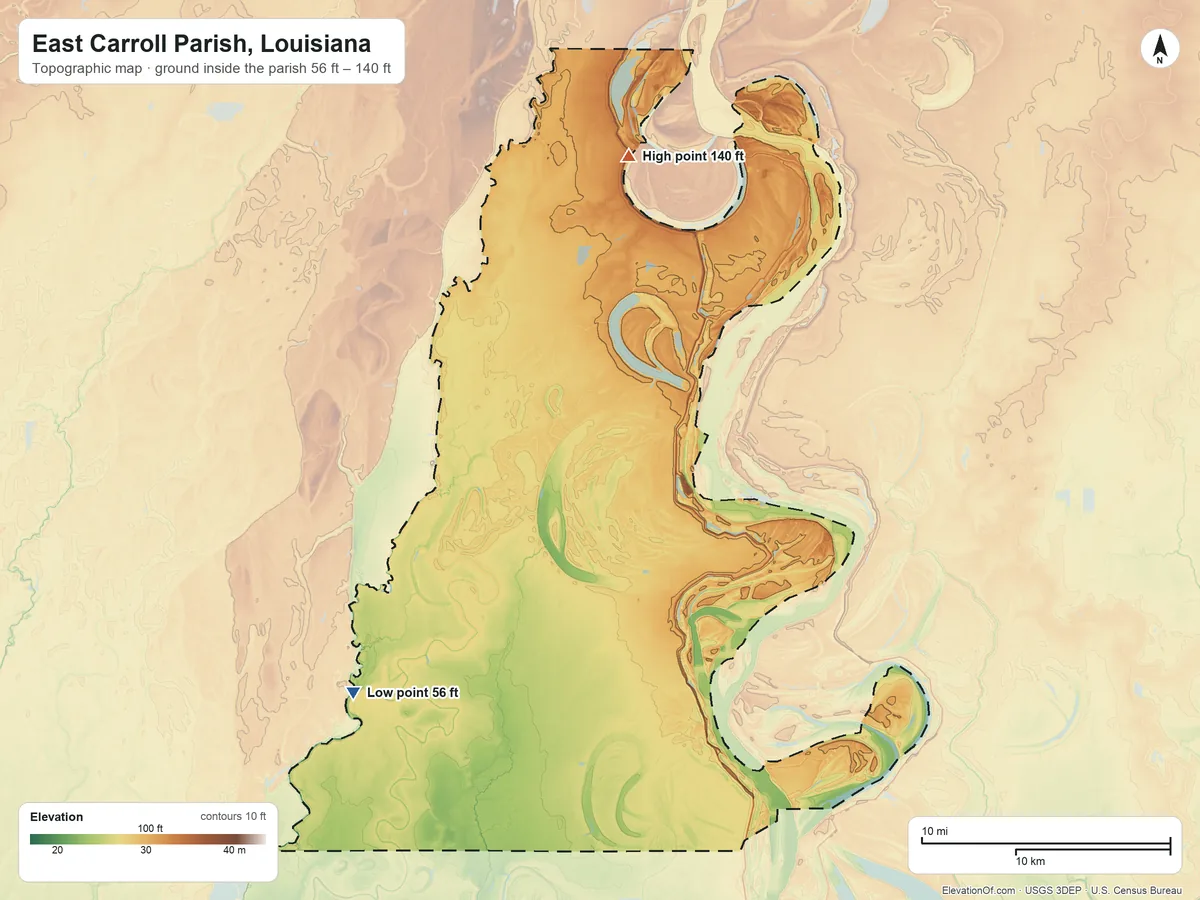 Topographic elevation map of East Carroll Parish, Louisiana, shaded from 56 ft on the southwest side to 140 ft on the north side