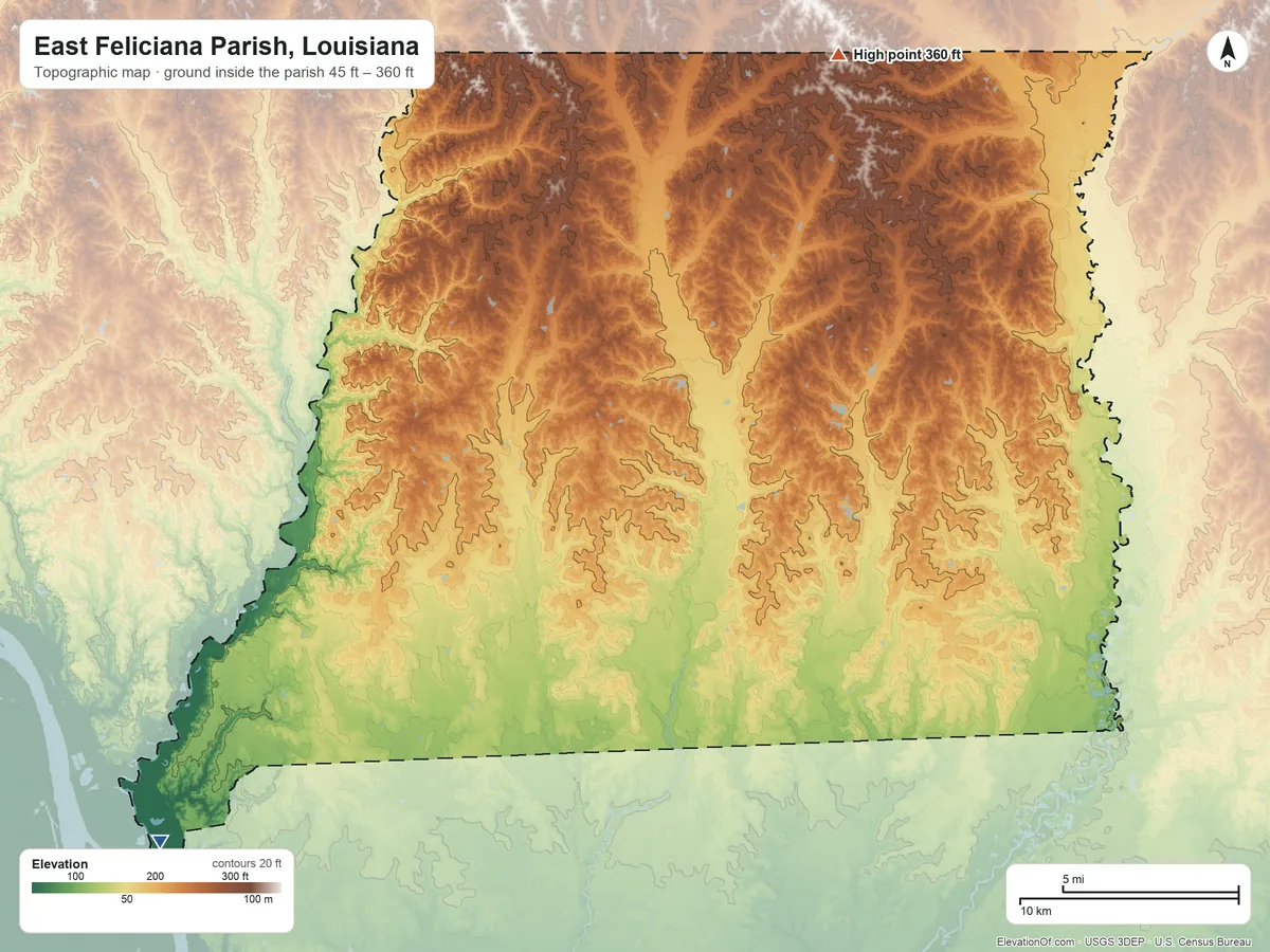 Topographic elevation map of East Feliciana Parish, Louisiana, shaded from 45 ft on the southwest side to 360 ft on the northeast side