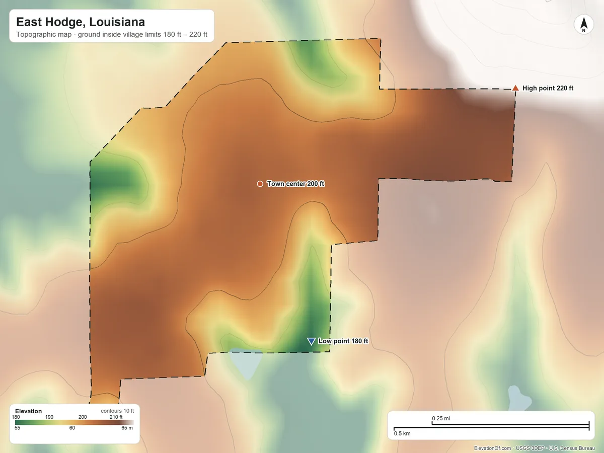 Topographic elevation map of East Hodge, Louisiana, shaded from 180 ft on the south side to 220 ft on the east side