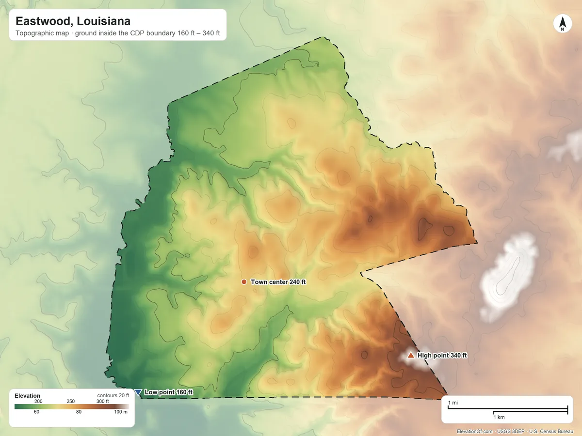 Topographic elevation map of Eastwood, Louisiana, shaded from 160 ft on the southwest side to 340 ft on the southeast side