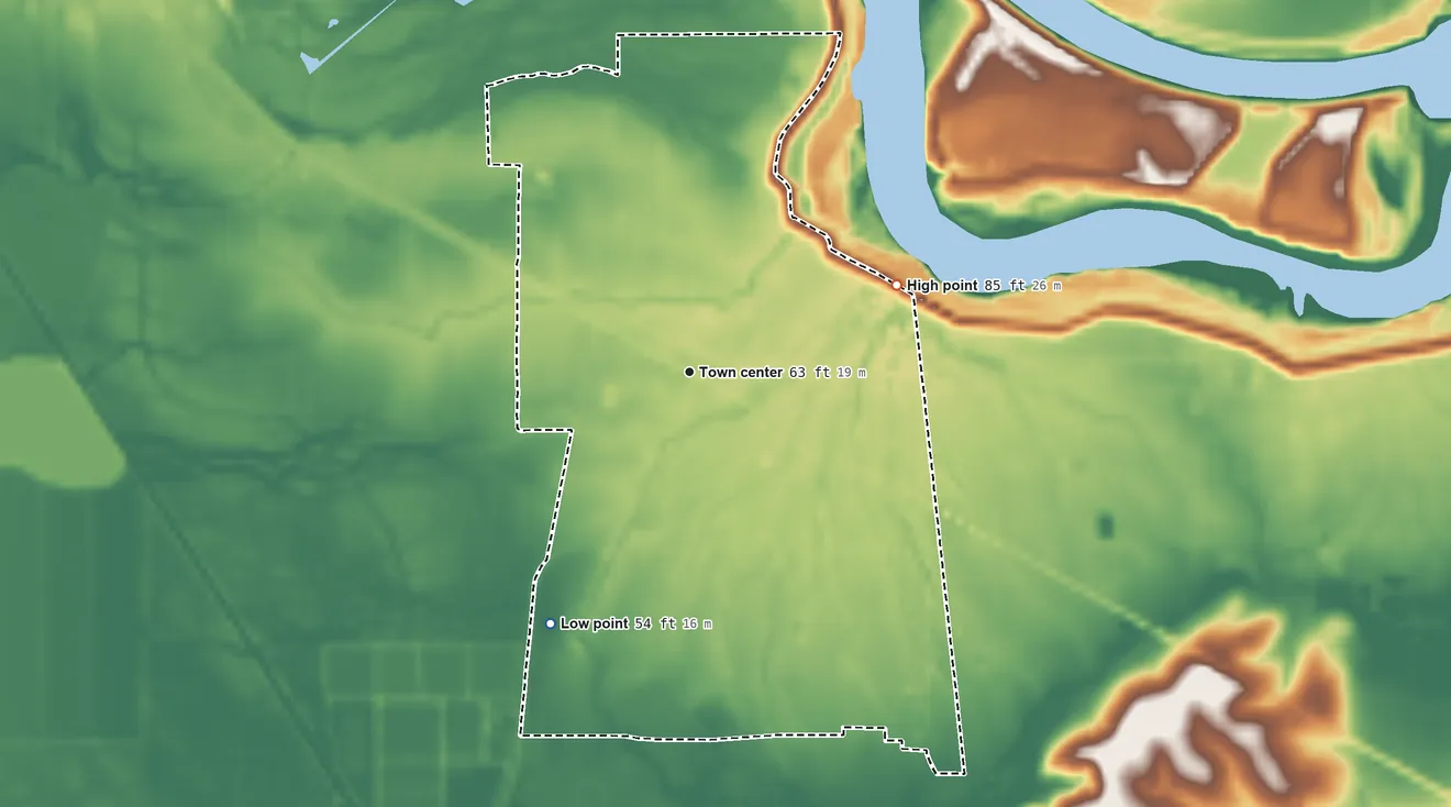 Topographic elevation map of Echo, Louisiana, shaded from 54 ft on the southwest side to 85 ft on the northeast side