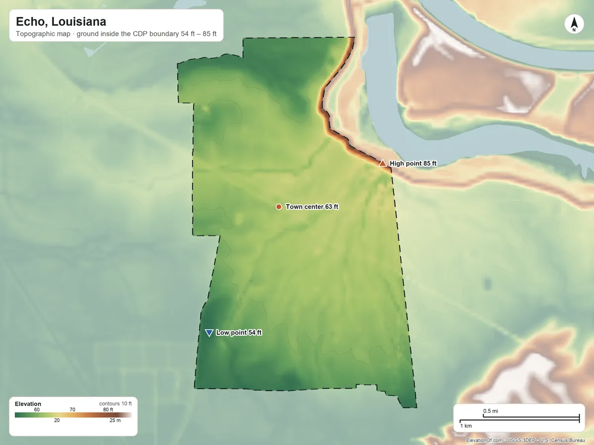 Topographic elevation map of Echo, Louisiana, shaded from 54 ft on the southwest side to 85 ft on the northeast side