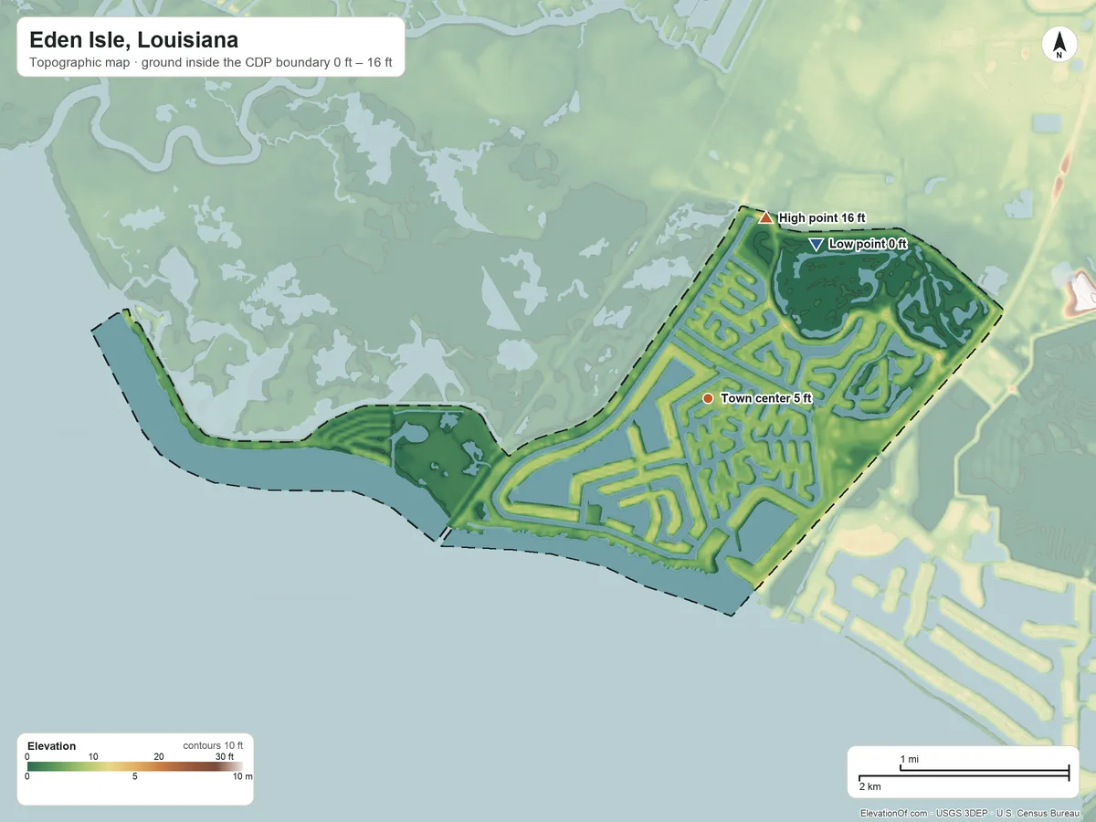 Topographic elevation map of Eden Isle, Louisiana, shaded from 0 ft on the northeast side to 16 ft on the north side