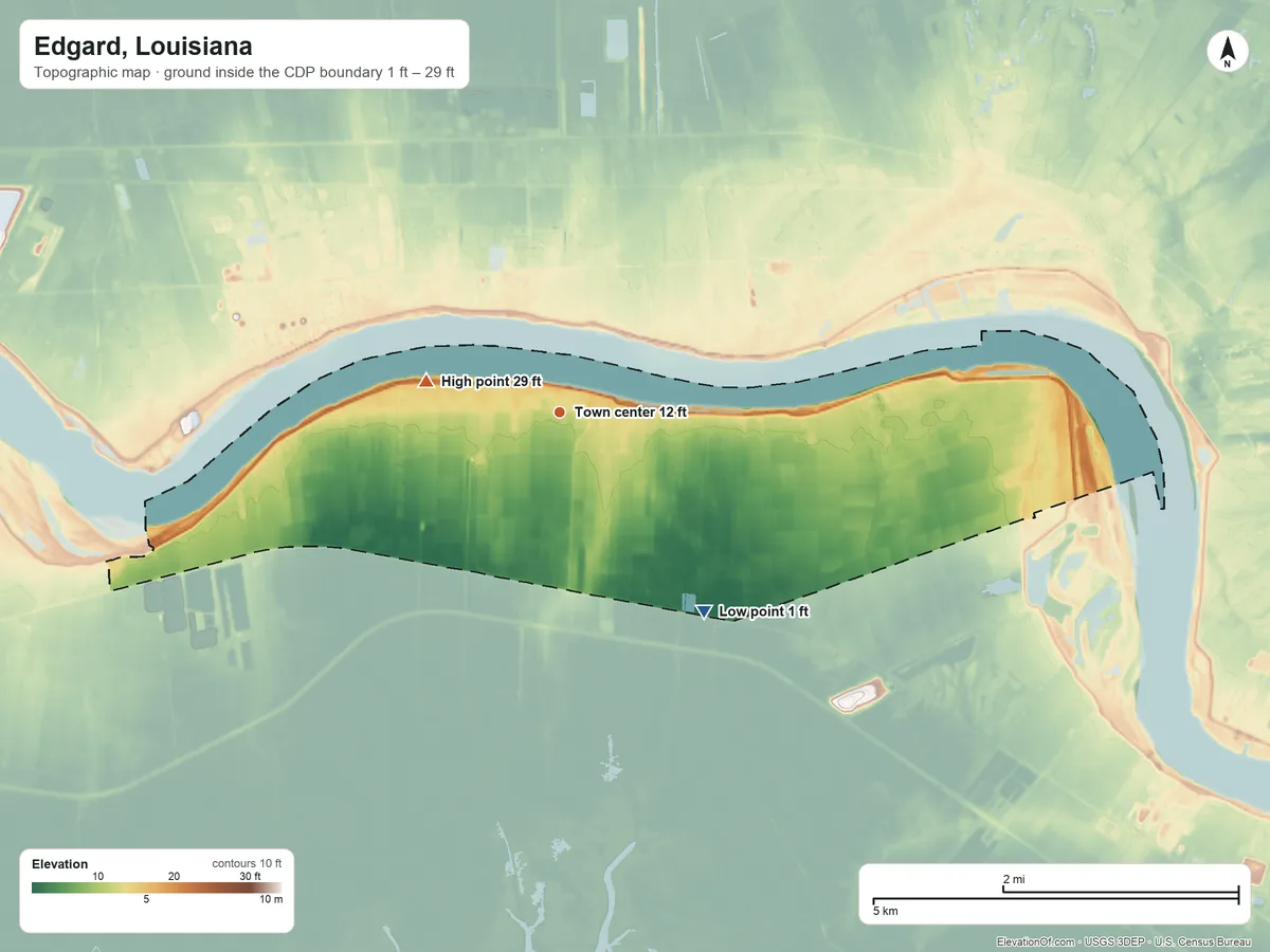 Topographic elevation map of Edgard, Louisiana, shaded from 1 ft on the southeast side to 29 ft on the west side