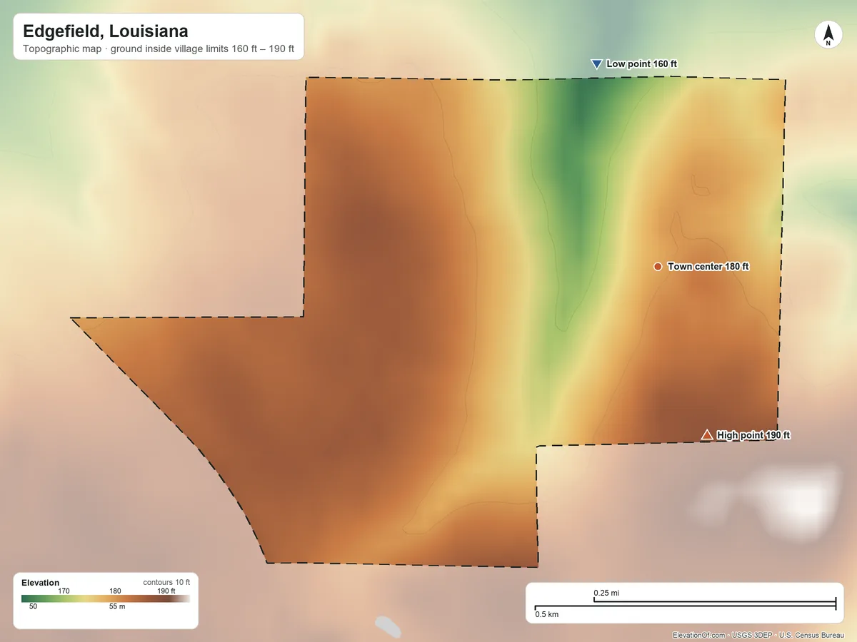 Topographic elevation map of Edgefield, Louisiana, shaded from 160 ft on the north side to 190 ft on the south side