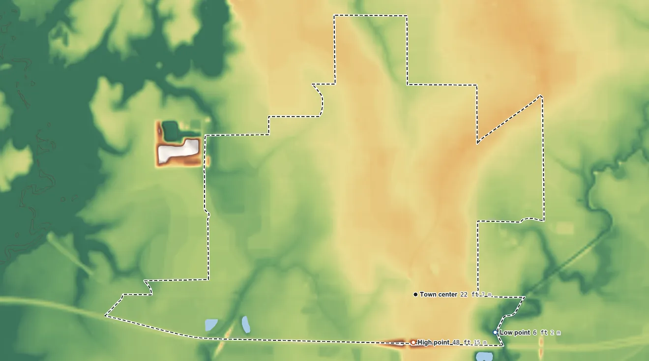 Topographic elevation map of Egan, Louisiana, shaded from 6 ft on the southeast side to 48 ft near the middle