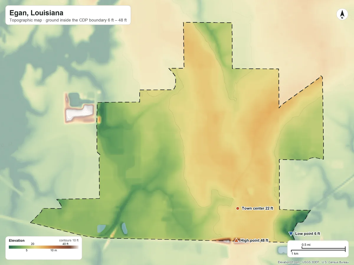 Topographic elevation map of Egan, Louisiana, shaded from 6 ft on the southeast side to 48 ft near the middle