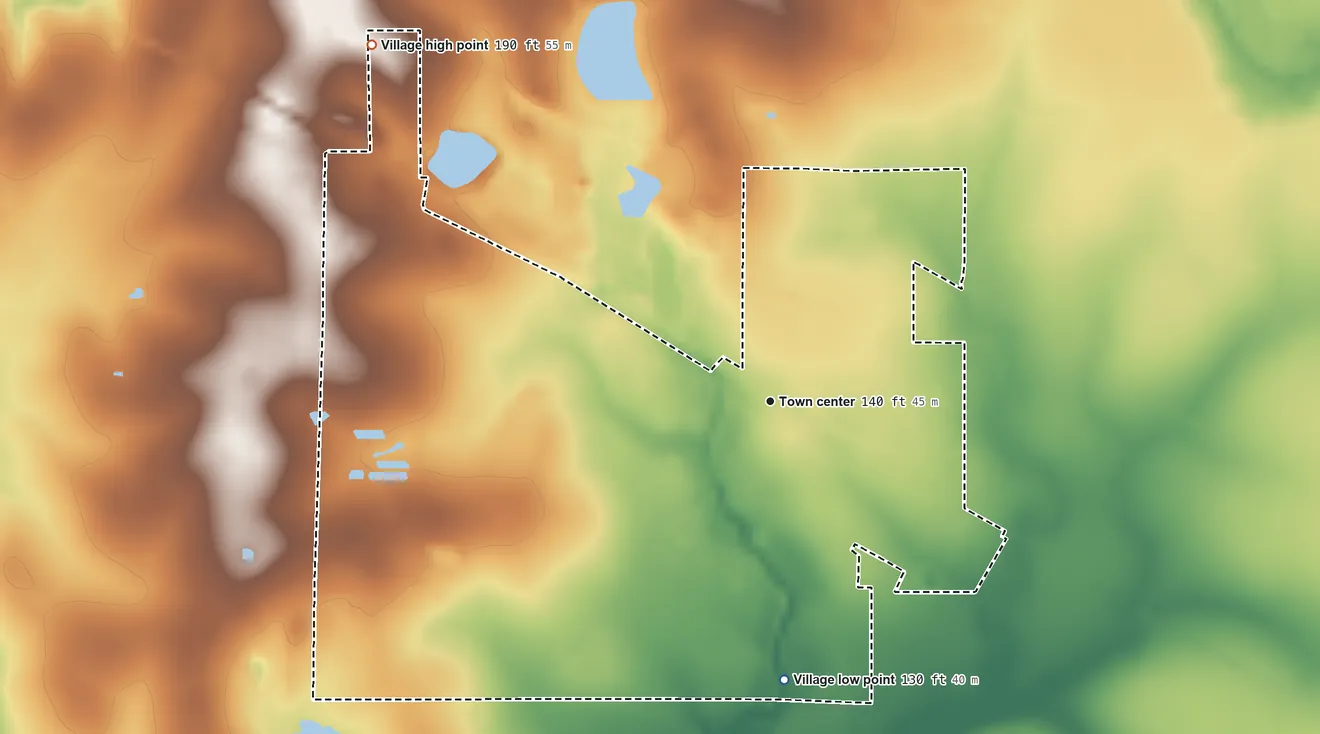 Topographic elevation map of Elizabeth, Louisiana, shaded from 130 ft on the south side to 190 ft on the northwest side