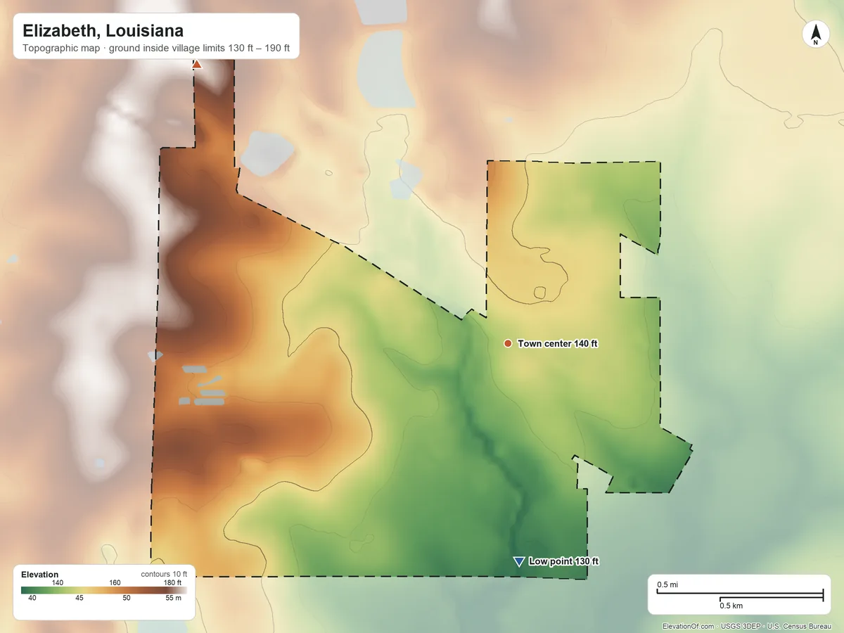 Topographic elevation map of Elizabeth, Louisiana, shaded from 130 ft on the south side to 190 ft on the northwest side