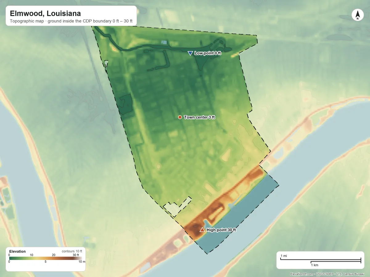 Topographic elevation map of Elmwood, Louisiana, shaded from 0 ft on the north side to 30 ft on the south side