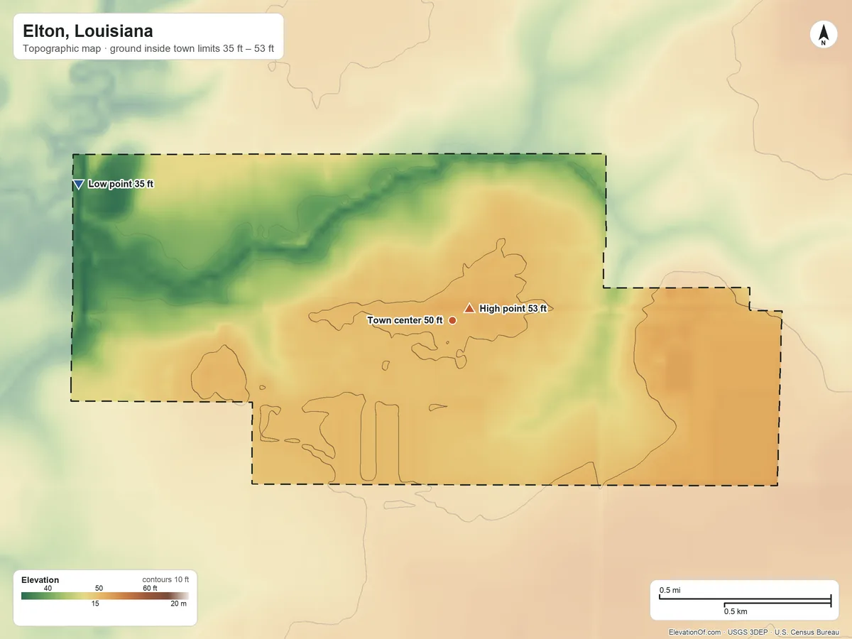 Topographic elevation map of Elton, Louisiana, shaded from 35 ft on the west side to 53 ft near the middle