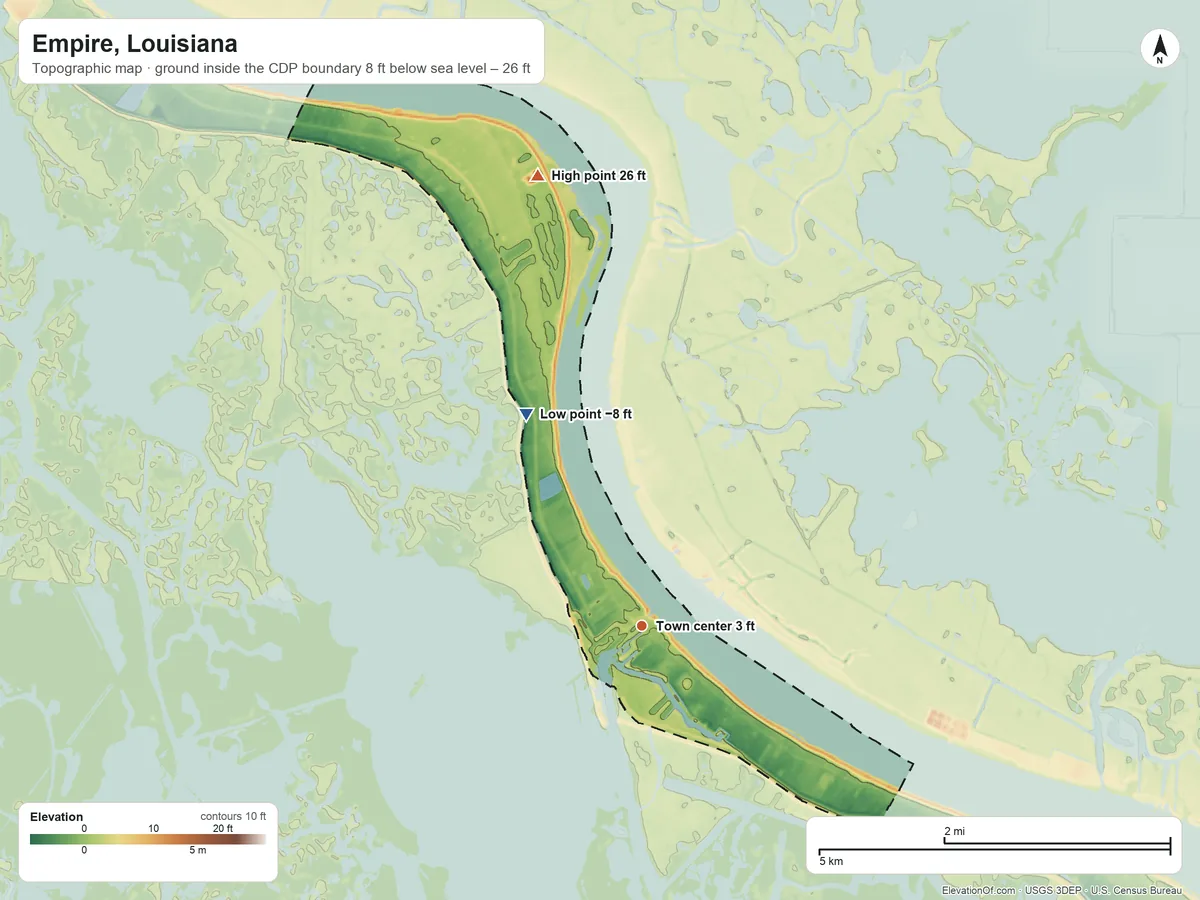 Topographic elevation map of Empire, Louisiana, shaded from −8 ft on the northwest side to 26 ft on the north side