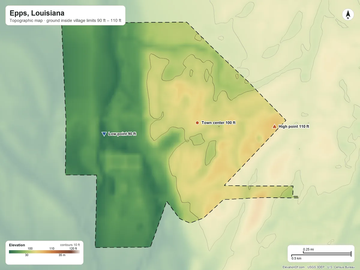 Topographic elevation map of Epps, Louisiana, shaded from 90 ft on the west side to 110 ft on the east side