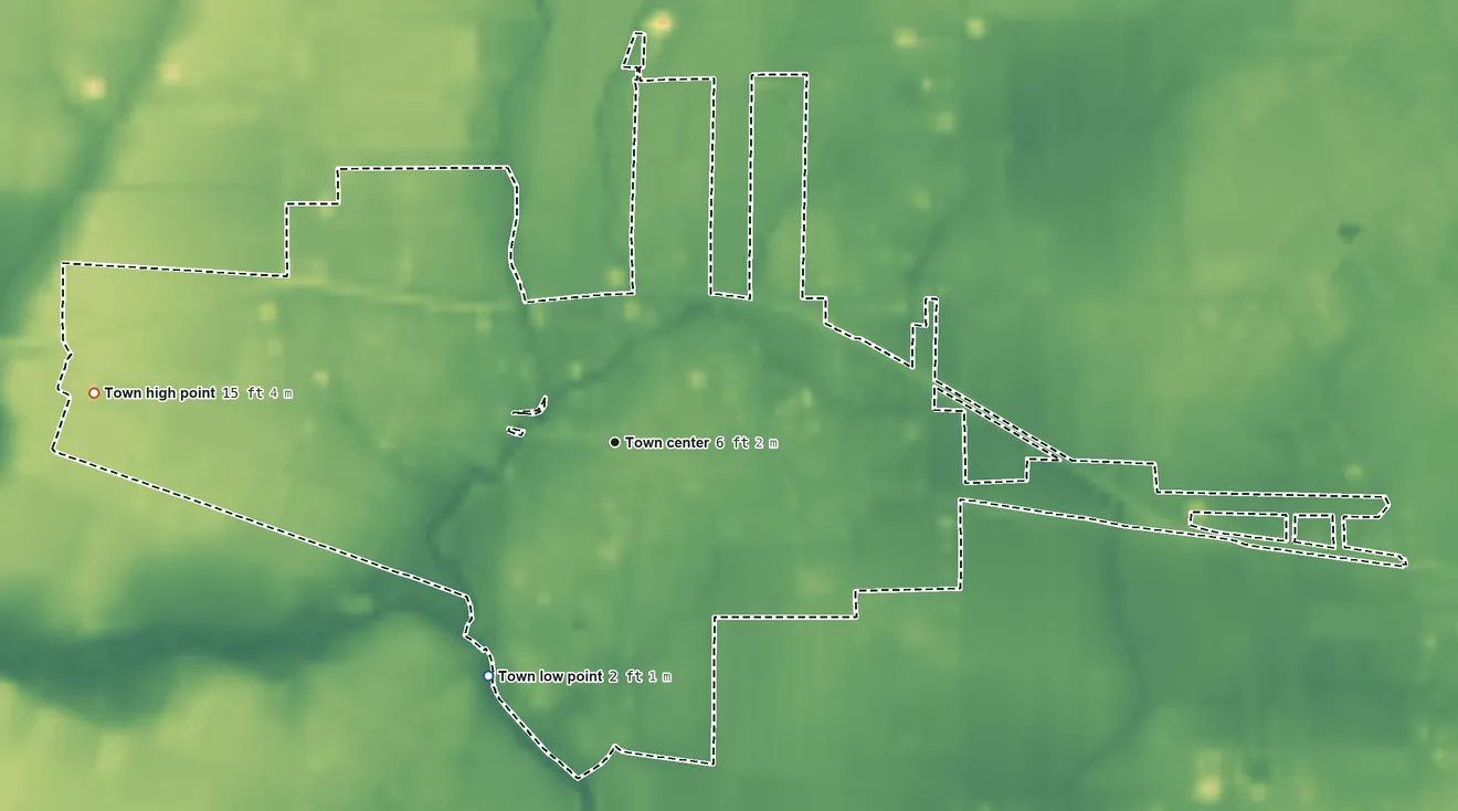 Topographic elevation map of Erath, Louisiana, shaded from 2 ft on the southwest side to 15 ft on the west side