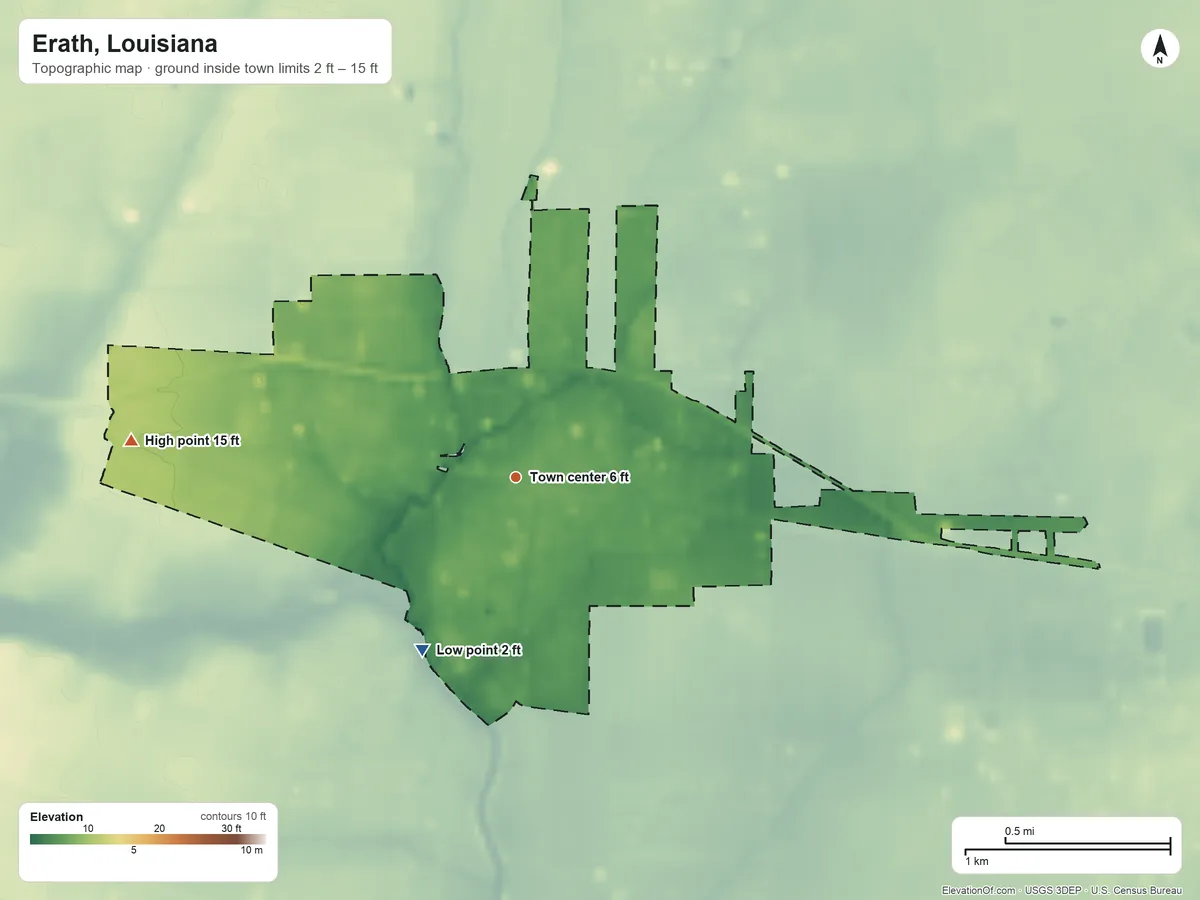 Topographic elevation map of Erath, Louisiana, shaded from 2 ft on the southwest side to 15 ft on the west side