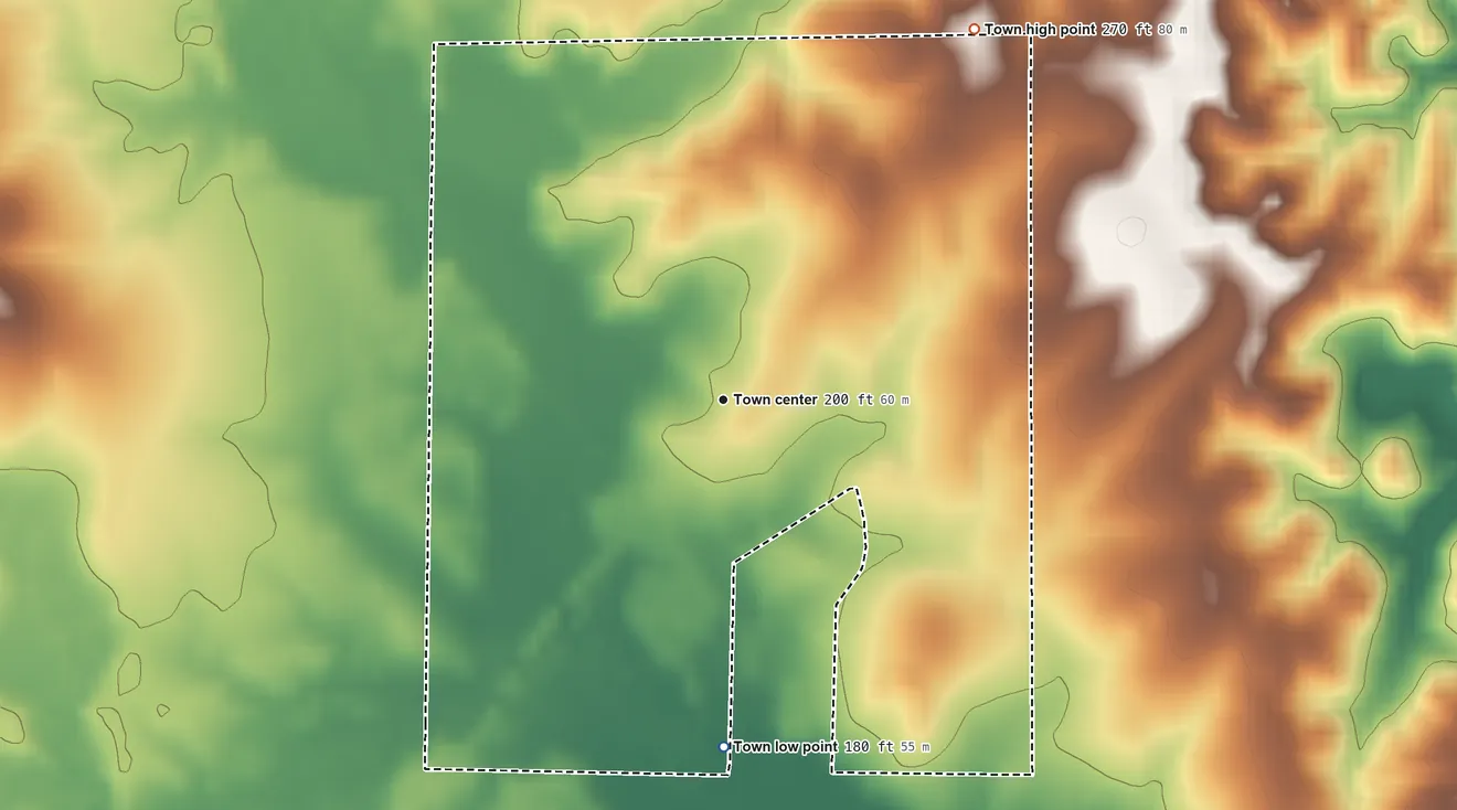 Topographic elevation map of Eros, Louisiana, shaded from 180 ft on the south side to 270 ft on the northeast side