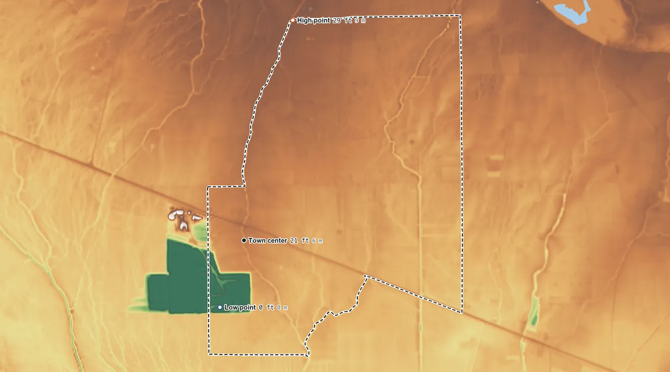 Topographic elevation map of Erwinville, Louisiana, shaded from 0 ft on the south side to 29 ft on the north side