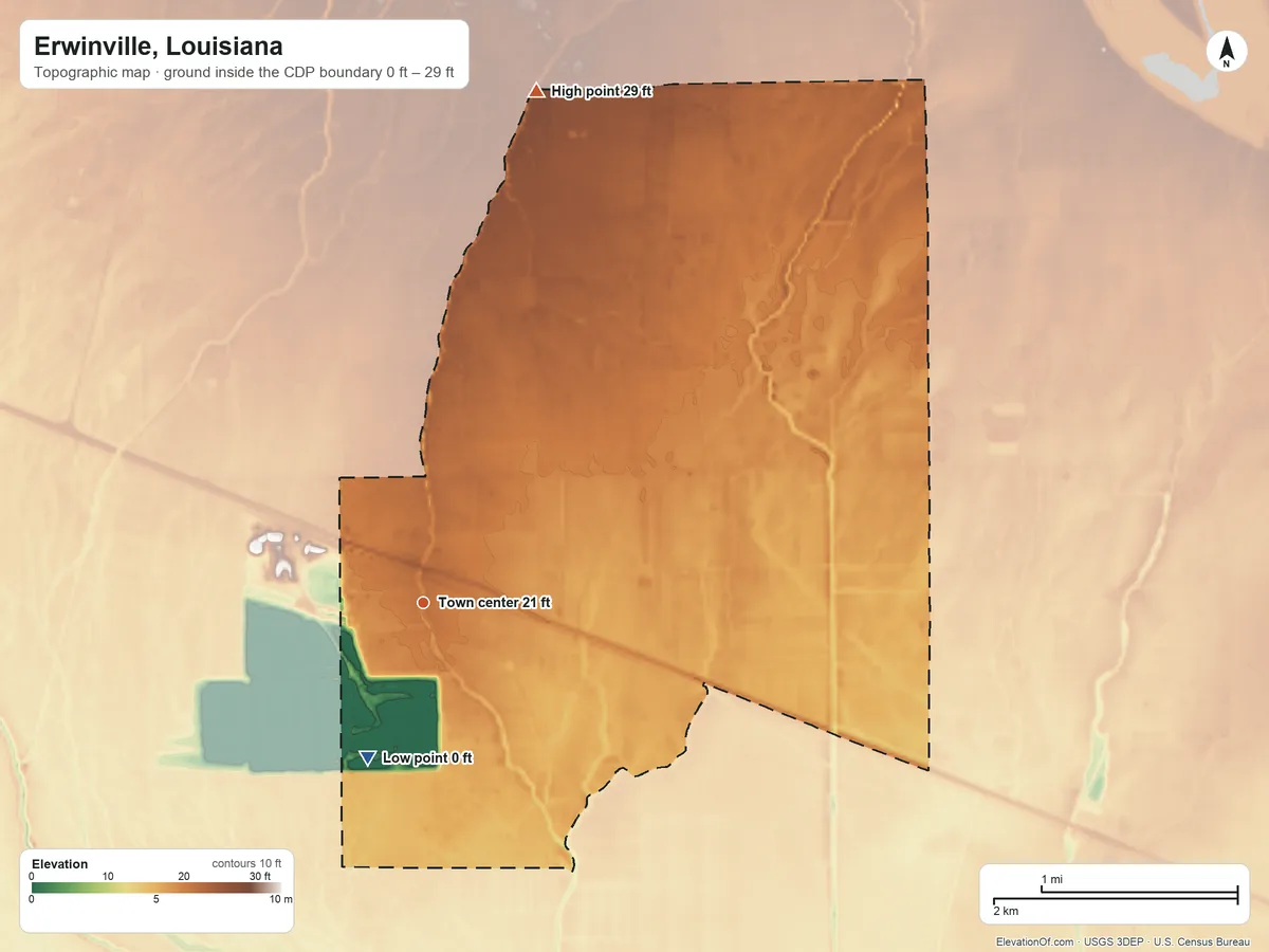 Topographic elevation map of Erwinville, Louisiana, shaded from 0 ft on the south side to 29 ft on the north side
