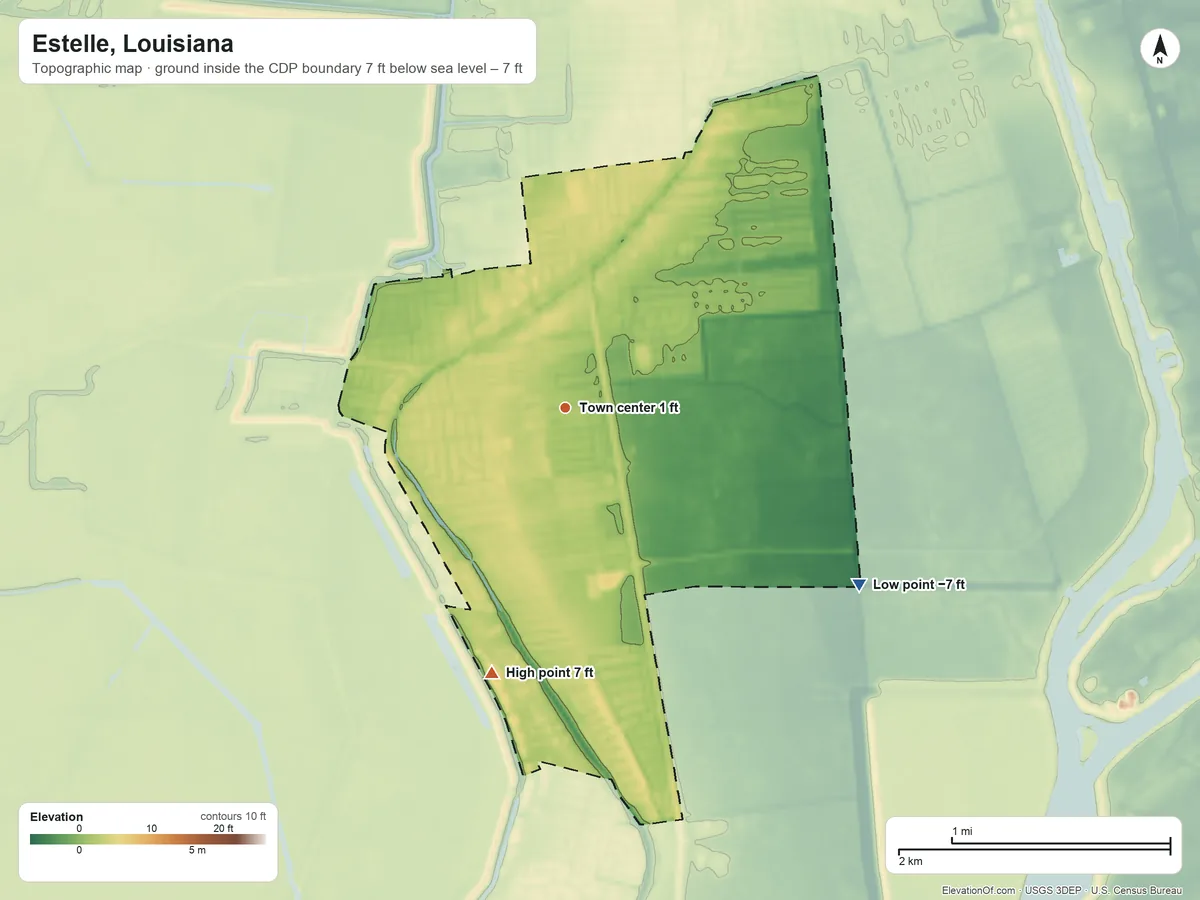 Topographic elevation map of Estelle, Louisiana, shaded from −7 ft on the southeast side to 7 ft on the south side