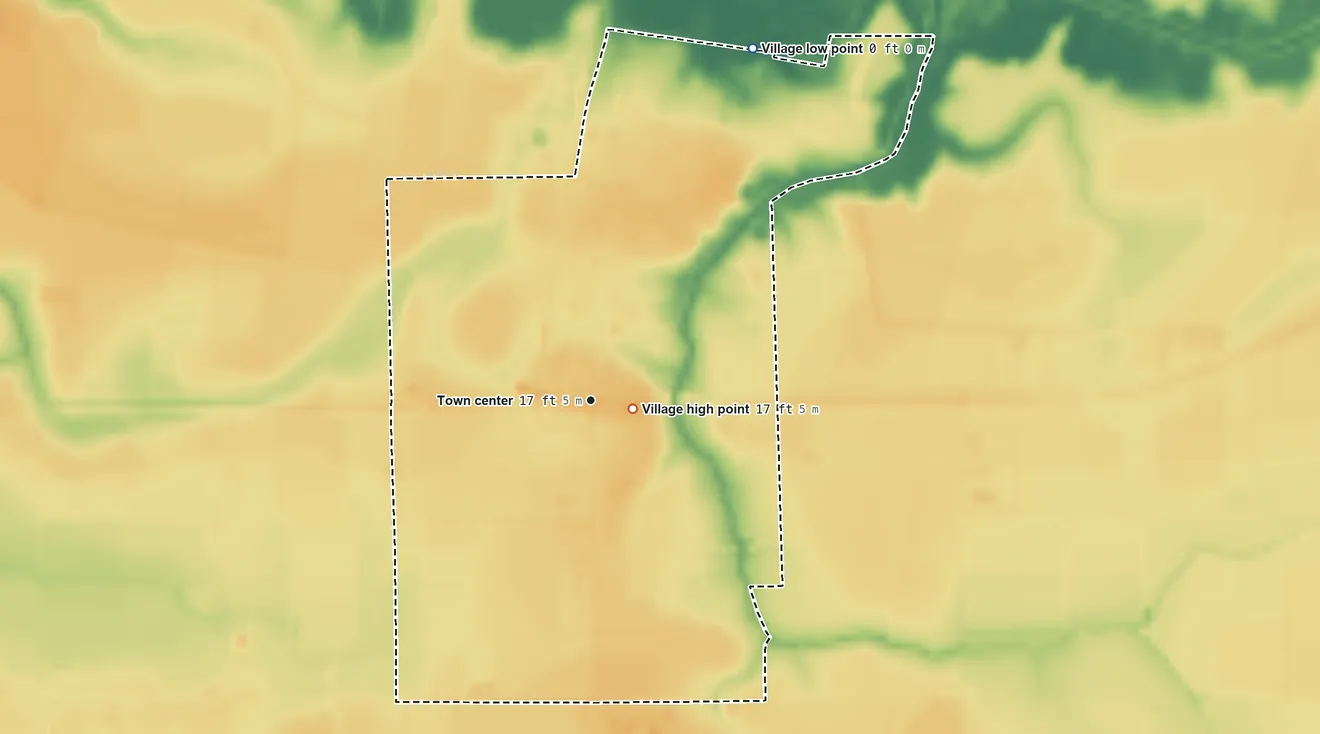 Topographic elevation map of Estherwood, Louisiana, shaded from 0 ft on the northeast side to 17 ft near the middle