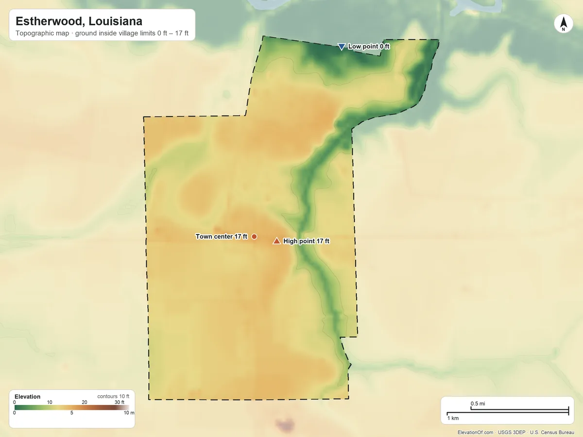 Topographic elevation map of Estherwood, Louisiana, shaded from 0 ft on the northeast side to 17 ft near the middle