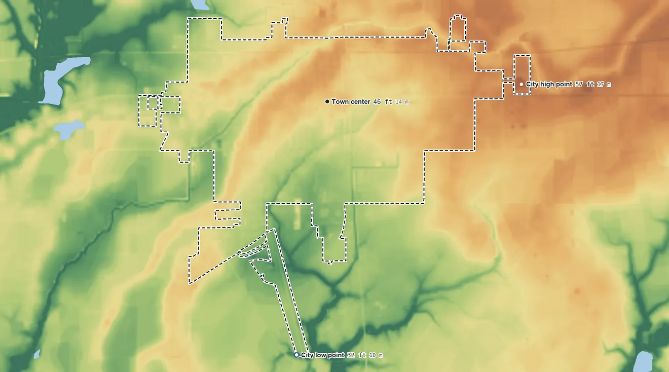 Topographic elevation map of Eunice, Louisiana, shaded from 32 ft on the south side to 57 ft on the east side