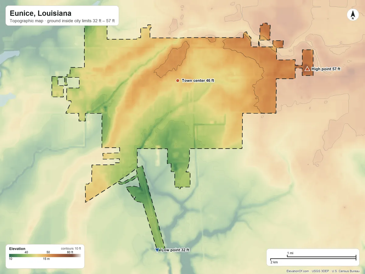 Topographic elevation map of Eunice, Louisiana, shaded from 32 ft on the south side to 57 ft on the east side