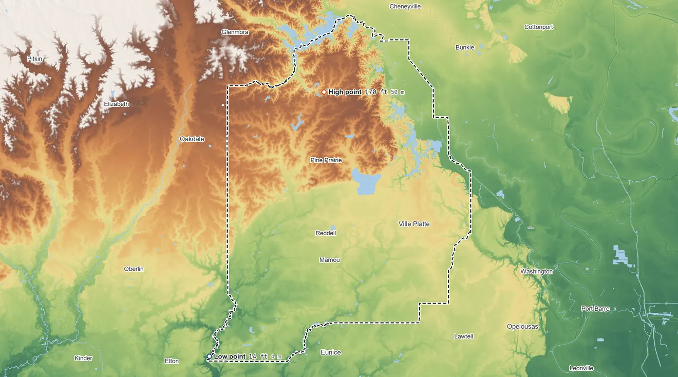 Topographic elevation map of Evangeline Parish, Louisiana, shaded from 14 ft on the southwest side to 170 ft on the north side