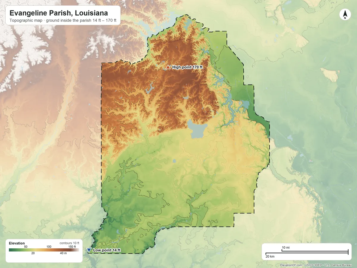 Topographic elevation map of Evangeline Parish, Louisiana, shaded from 14 ft on the southwest side to 170 ft on the north side
