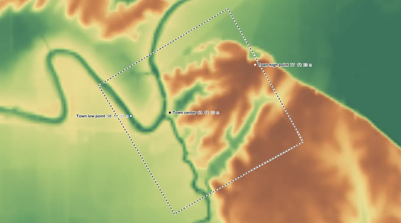 Topographic elevation map of Evergreen, Louisiana, shaded from 50 ft on the west side to 77 ft on the northeast side