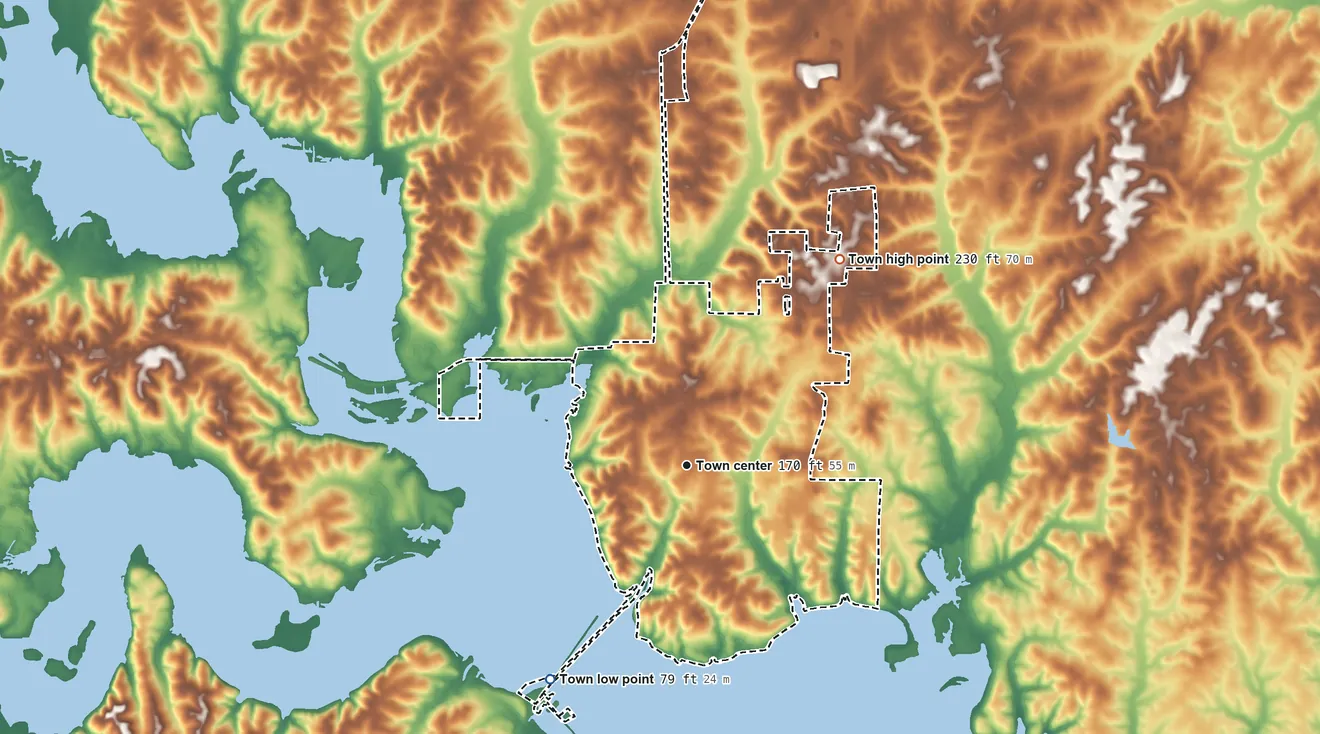 Topographic elevation map of Farmerville, Louisiana, shaded from 79 ft on the southwest side to 230 ft on the northeast side