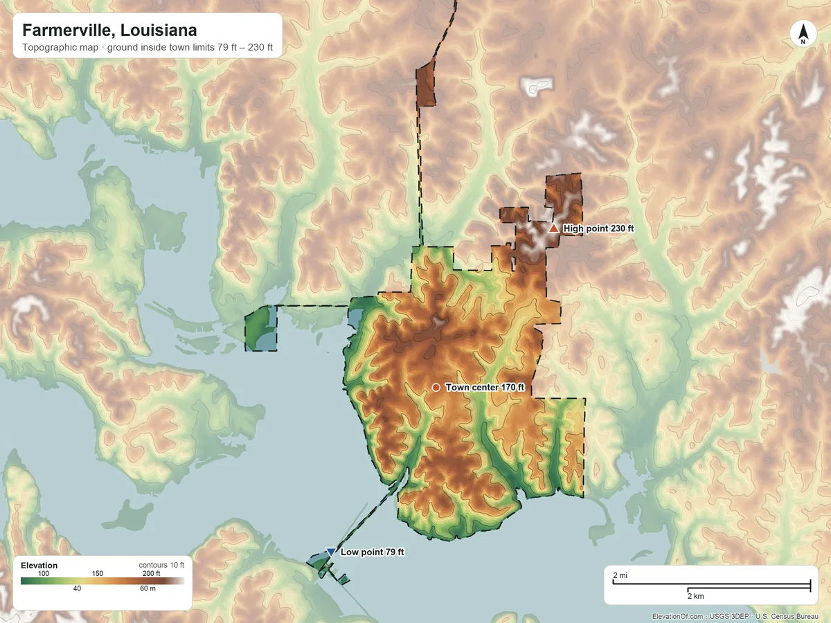 Topographic elevation map of Farmerville, Louisiana, shaded from 79 ft on the southwest side to 230 ft on the northeast side