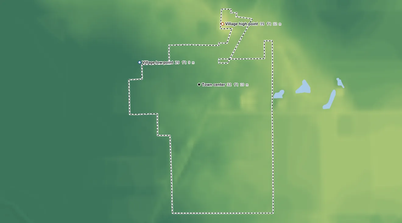 Topographic elevation map of Fenton, Louisiana, shaded from 29 ft on the west side to 39 ft on the north side