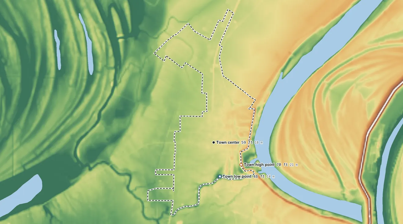 Topographic elevation map of Ferriday, Louisiana, shaded from 48 ft on the south side to 70 ft on the southeast side