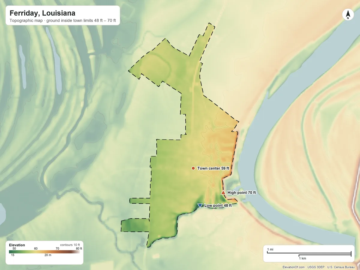 Topographic elevation map of Ferriday, Louisiana, shaded from 48 ft on the south side to 70 ft on the southeast side
