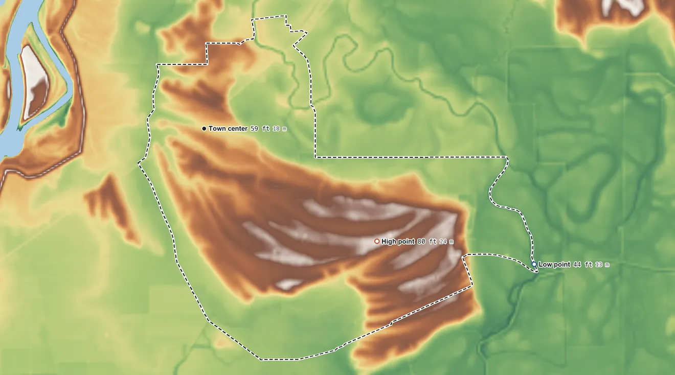 Topographic elevation map of Fifth Ward, Louisiana, shaded from 44 ft on the east side to 80 ft on the southeast side