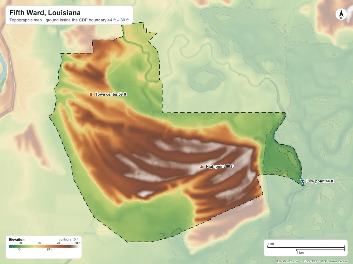 Topographic elevation map of Fifth Ward, Louisiana, shaded from 44 ft on the east side to 80 ft on the southeast side
