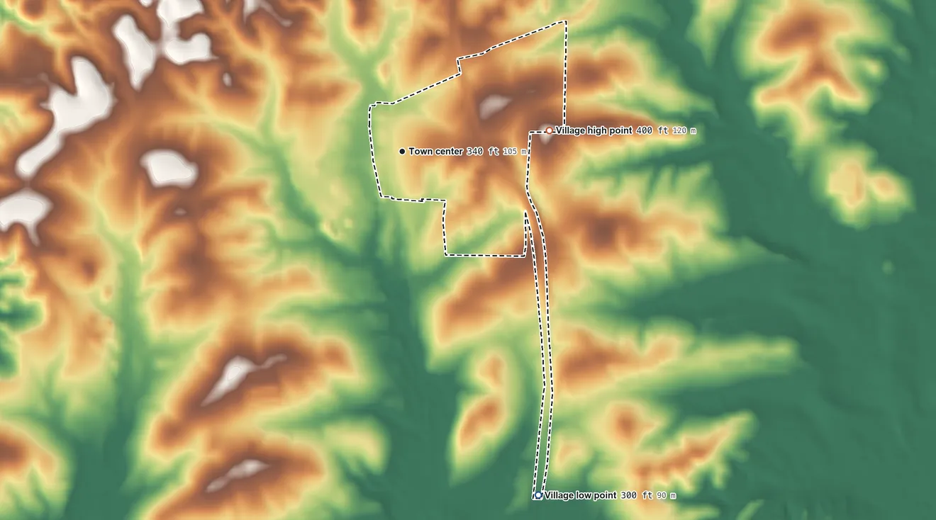 Topographic elevation map of Fisher, Louisiana, shaded from 300 ft on the south side to 400 ft on the east side