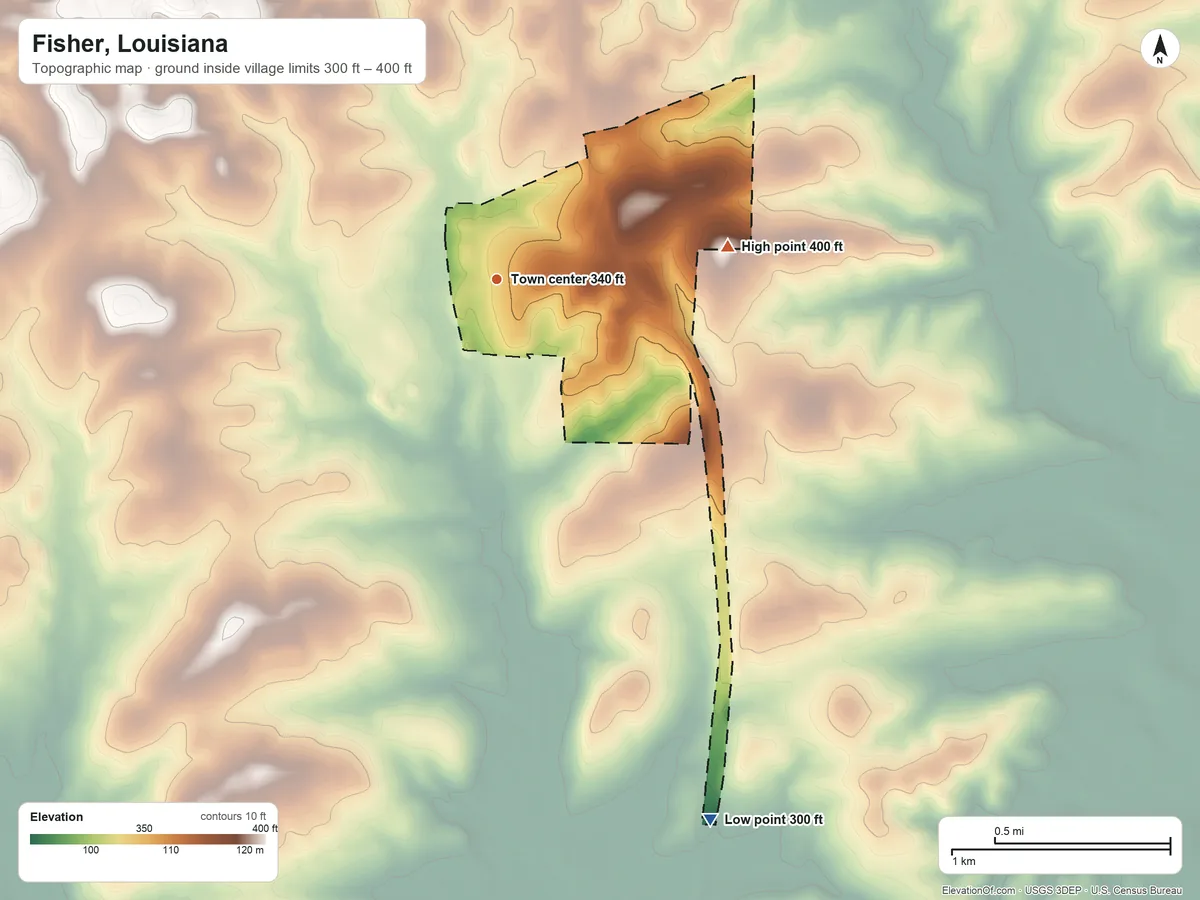 Topographic elevation map of Fisher, Louisiana, shaded from 300 ft on the south side to 400 ft on the east side