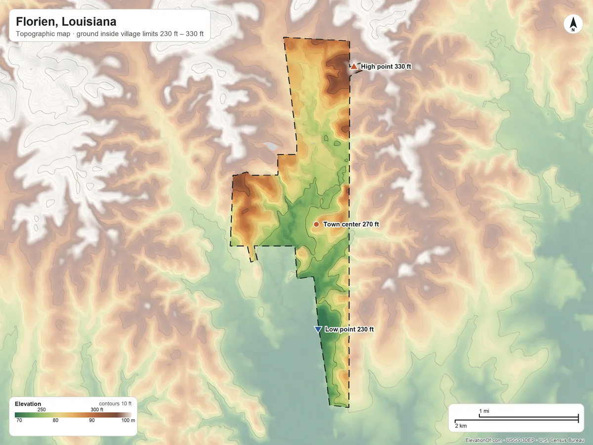 Topographic elevation map of Florien, Louisiana, shaded from 230 ft on the south side to 330 ft on the north side