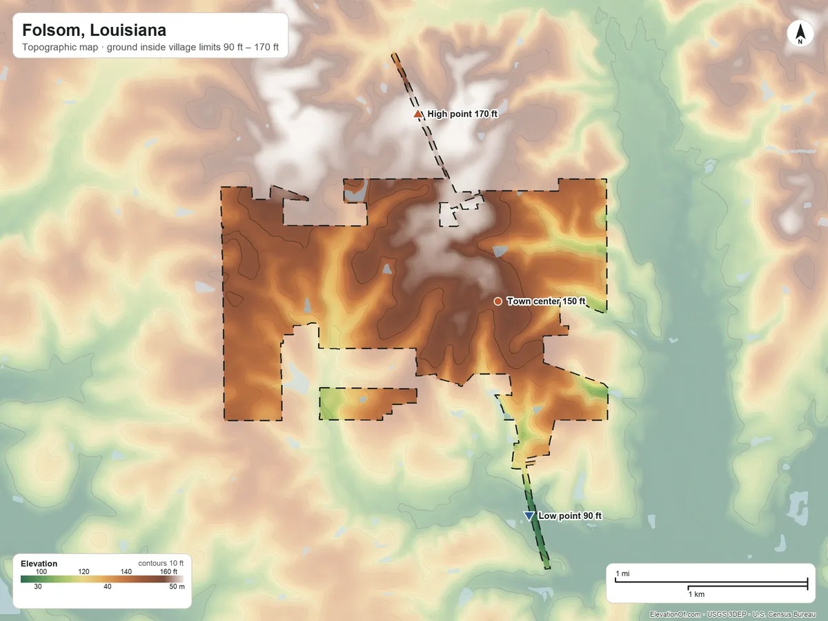 Topographic elevation map of Folsom, Louisiana, shaded from 90 ft on the south side to 170 ft on the northwest side