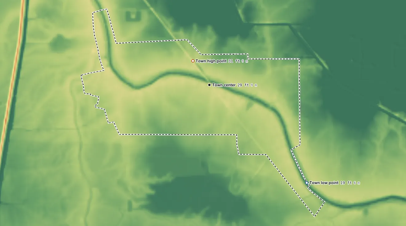 Topographic elevation map of Fordoche, Louisiana, shaded from 19 ft on the southeast side to 31 ft near the middle