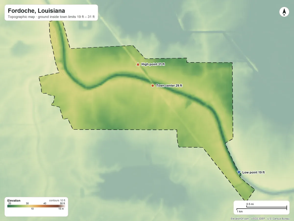 Topographic elevation map of Fordoche, Louisiana, shaded from 19 ft on the southeast side to 31 ft near the middle