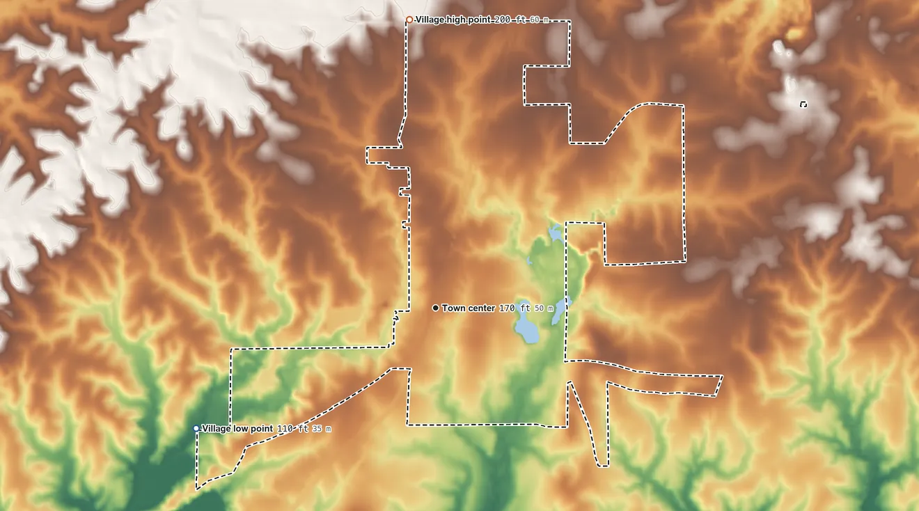 Topographic elevation map of Forest Hill, Louisiana, shaded from 110 ft on the southwest side to 200 ft on the north side