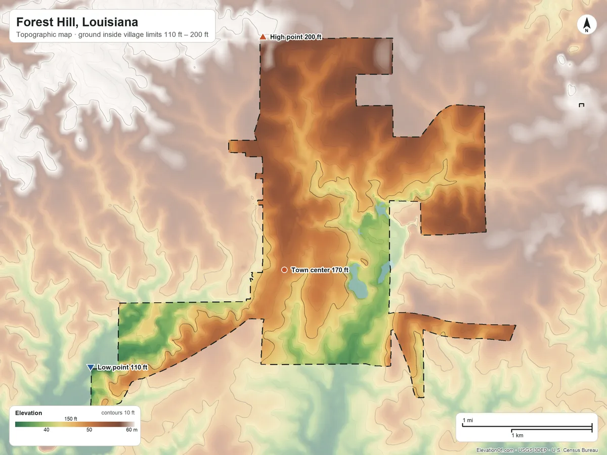Topographic elevation map of Forest Hill, Louisiana, shaded from 110 ft on the southwest side to 200 ft on the north side