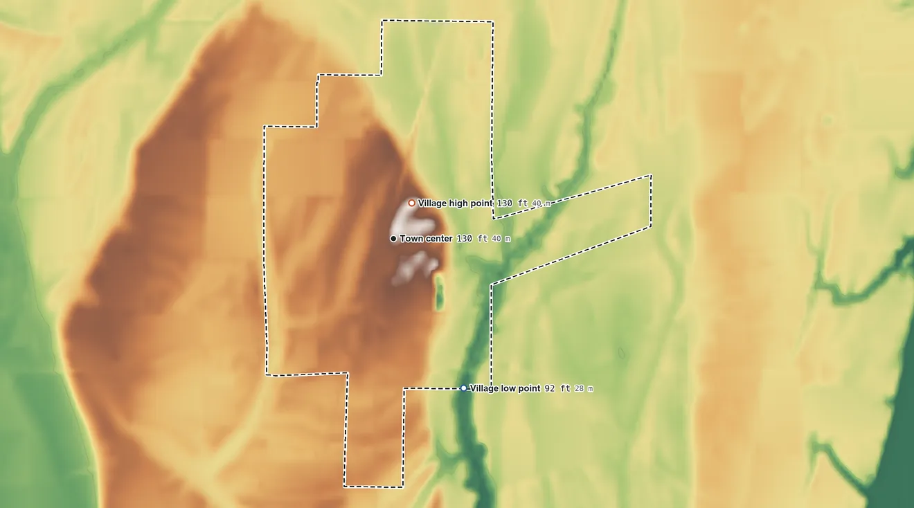 Topographic elevation map of Forest, Louisiana, shaded from 92 ft on the southeast side to 130 ft near the middle