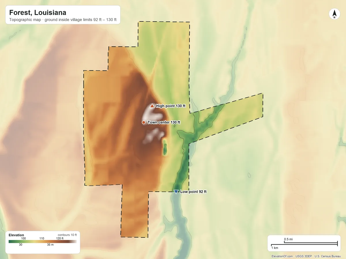 Topographic elevation map of Forest, Louisiana, shaded from 92 ft on the southeast side to 130 ft near the middle