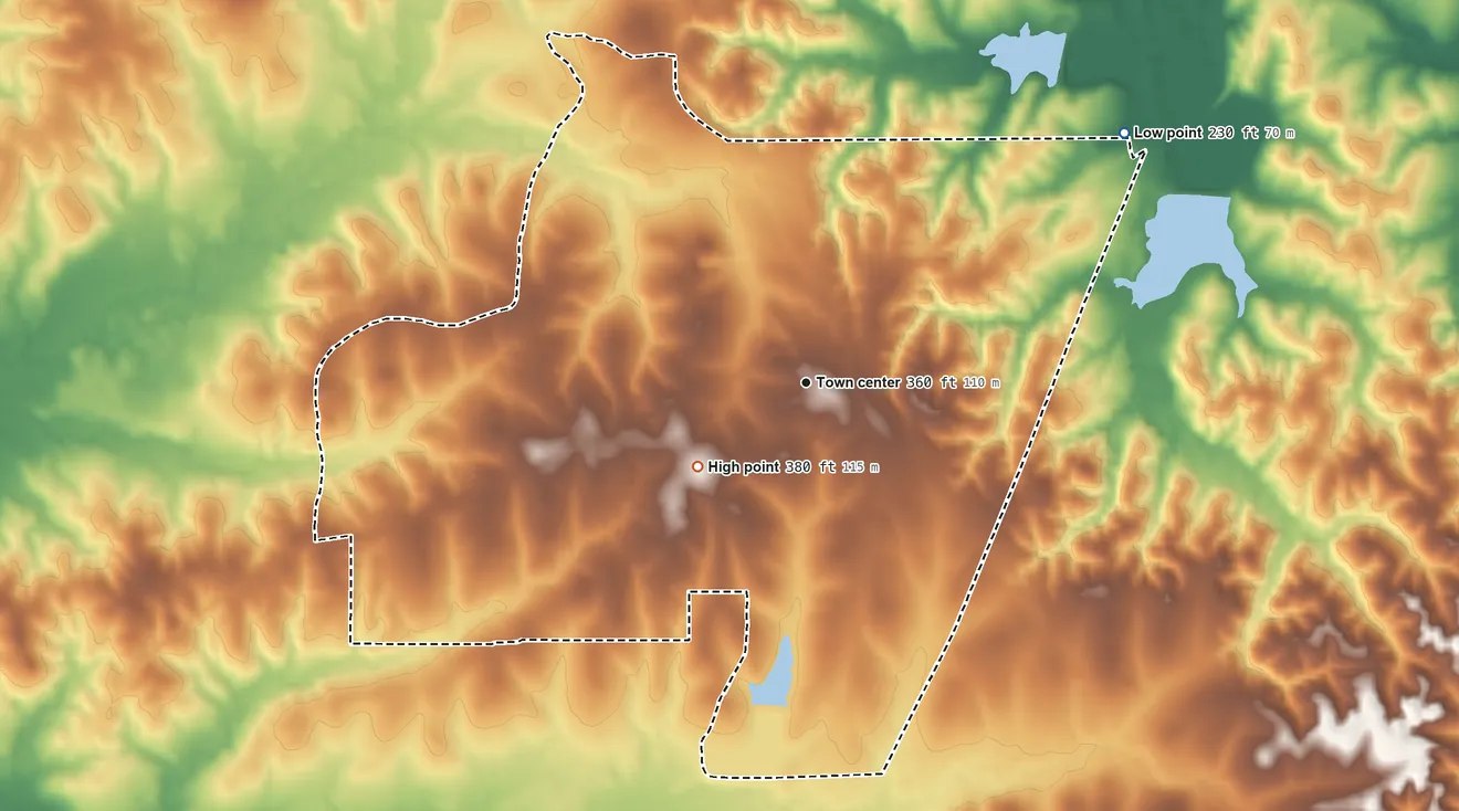 Topographic elevation map of Fort Jesup, Louisiana, shaded from 230 ft on the northeast side to 380 ft on the southwest side
