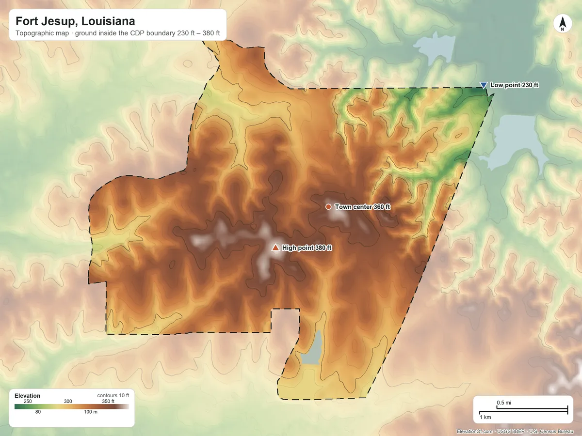 Topographic elevation map of Fort Jesup, Louisiana, shaded from 230 ft on the northeast side to 380 ft on the southwest side