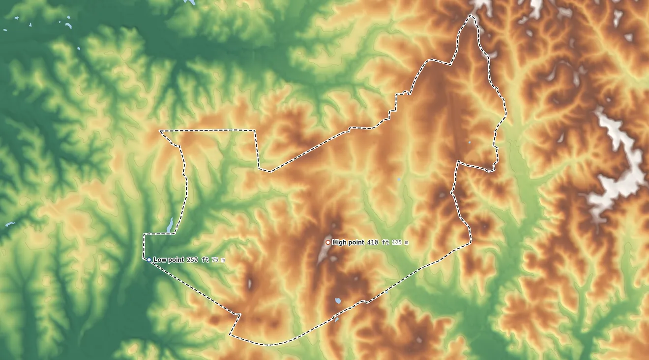 Topographic elevation map of Fort Johnson North, Louisiana, shaded from 250 ft on the southwest side to 410 ft on the southeast side
